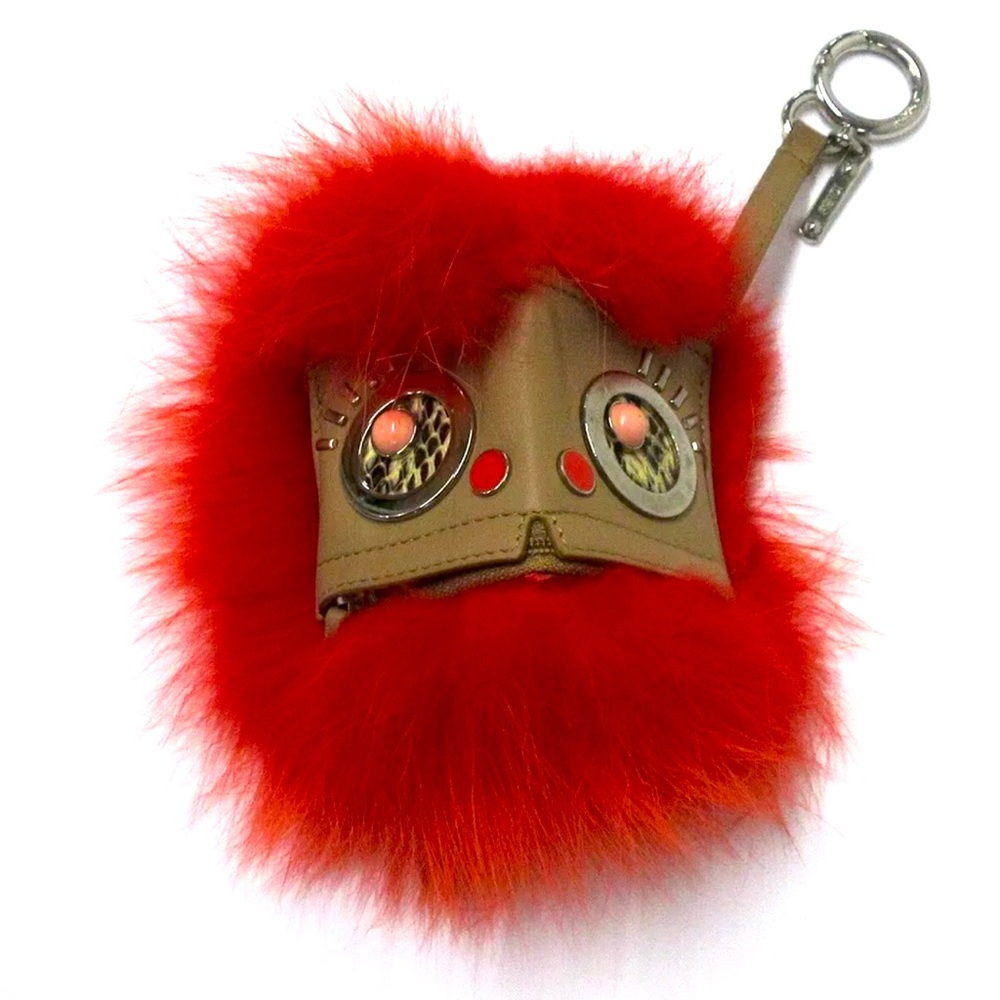 Auth FENDI 2016 Bag Bugs Red Beige Multi Fur Leather Hardware Bag Charm